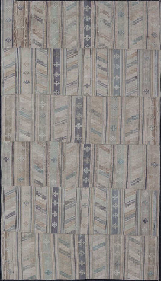 Measures: 9'5 x 16'6 Vintage Hand Woven Turkish Paneled Kilim Vintage Rug in Muted Colors. Keivan Woven Arts / rug EN - 14488 country of origin / type: Turkey / Kilim, circa mid - 20th century Hand Woven large vintage Turkish paneled in cream, b... - Keivan Woven ArtsEN - 14488 - 22776