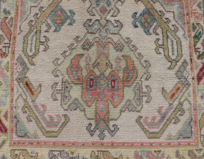 Measures: 2'10 x 5'8 Layered Medallion Vintage Turkish Area Rug Oushak with Geometric Motifs. Country of origin: Turkey; type: Oushak; design: Medallion; Keivan Woven Arts: rug EN - 14495; Layered medallion antique Turkish Oushak rug sub - geometric mo... - Keivan Woven ArtsEN - 14495 - 22782Rug