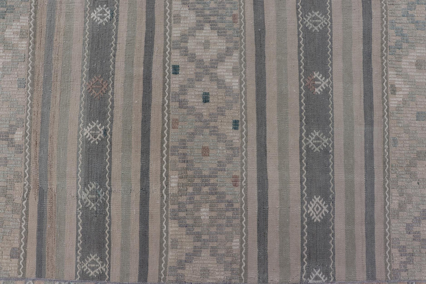 Paneled Vintage Turkish Stripe Kilim in Gray Blue, Green, and Earthy Tones. Keivan Woven Arts - Rug EN - 14496, country of origin / type: Turkey / Kilim, circa 1950 Measures: 9'8 x 11'5 Woven during the mid - 20th century in Turkey, this Kilim is dec... - Keivan Woven ArtsEN - 14496 - 23762Rug