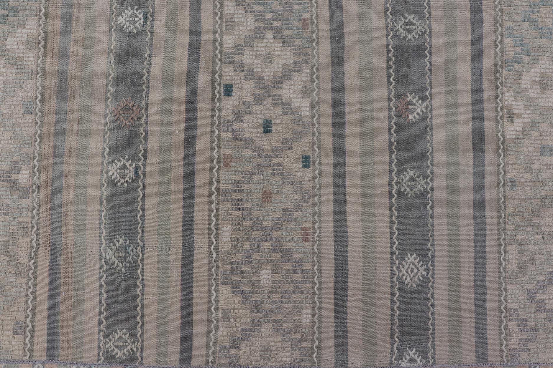 Paneled Vintage Turkish Stripe Kilim in Gray Blue, Green, and Earthy Tones. Keivan Woven Arts - Rug EN - 14496, country of origin / type: Turkey / Kilim, circa 1950 Measures: 9'8 x 11'5 Woven during the mid - 20th century in Turkey, this Kilim is dec... - Keivan Woven ArtsEN - 14496 - 23762Rug