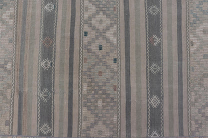 Paneled Vintage Turkish Stripe Kilim in Gray Blue, Green, and Earthy Tones. Keivan Woven Arts - Rug EN - 14496, country of origin / type: Turkey / Kilim, circa 1950 Measures: 9'8 x 11'5 Woven during the mid - 20th century in Turkey, this Kilim is dec... - Keivan Woven ArtsEN - 14496 - 23762Rug