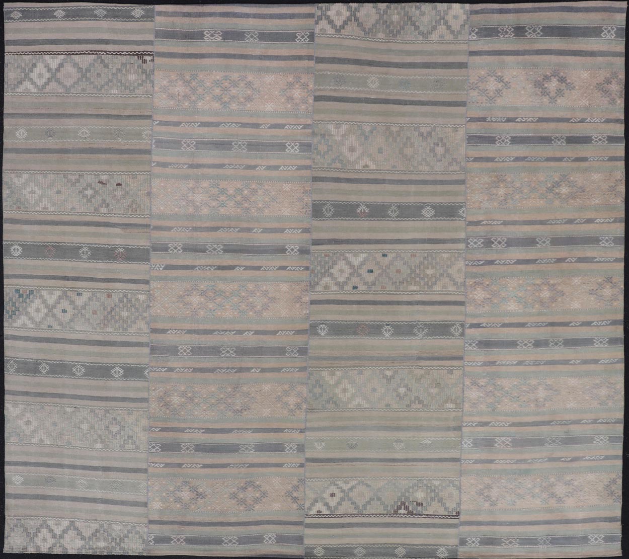Paneled Vintage Turkish Stripe Kilim in Gray Blue, Green, and Earthy Tones. Keivan Woven Arts - Rug EN - 14496, country of origin / type: Turkey / Kilim, circa 1950 Measures: 9'8 x 11'5 Woven during the mid - 20th century in Turkey, this Kilim is dec... - Keivan Woven ArtsEN - 14496 - 23762Rug
