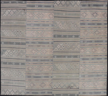 Paneled Vintage Turkish Stripe Kilim in Gray Blue, Green, and Earthy Tones. Keivan Woven Arts - Rug EN - 14496, country of origin / type: Turkey / Kilim, circa 1950 Measures: 9'8 x 11'5 Woven during the mid - 20th century in Turkey, this Kilim is dec... - Keivan Woven ArtsEN - 14496 - 23762Rug