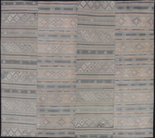 Paneled Vintage Turkish Stripe Kilim in Gray Blue, Green, and Earthy Tones. Keivan Woven Arts - Rug EN - 14496, country of origin / type: Turkey / Kilim, circa 1950 Measures: 9'8 x 11'5 Woven during the mid - 20th century in Turkey, this Kilim is dec... - Keivan Woven ArtsEN - 14496 - 23762Rug