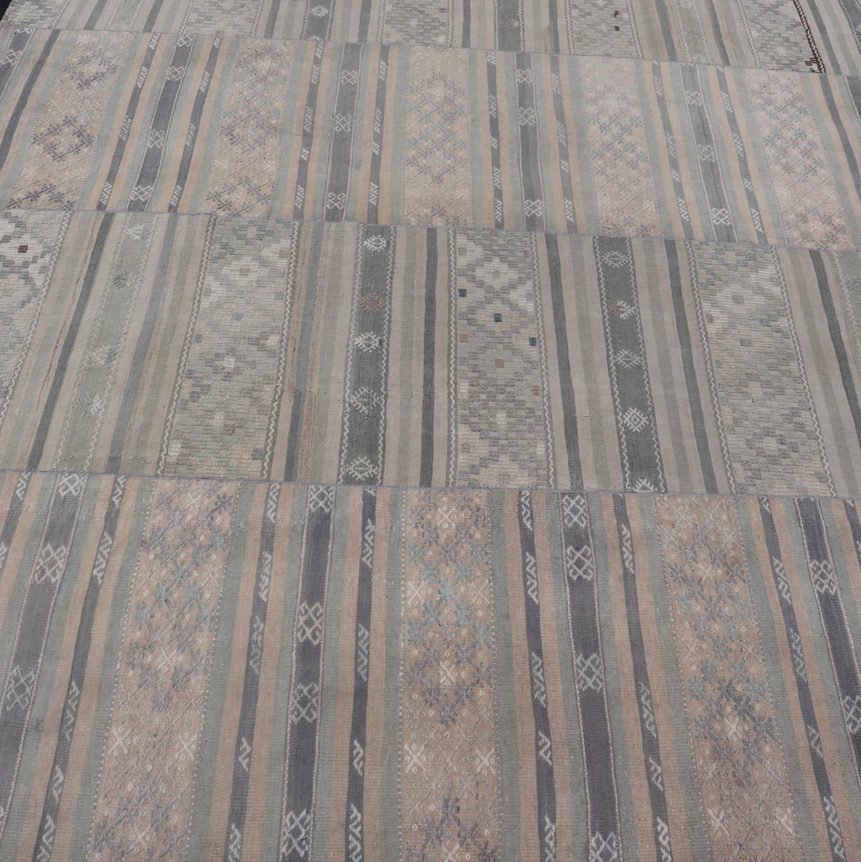 Paneled Vintage Turkish Stripe Kilim in Gray Blue, Green, and Earthy Tones. Keivan Woven Arts - Rug EN - 14496, country of origin / type: Turkey / Kilim, circa 1950 Measures: 9'8 x 11'5 Woven during the mid - 20th century in Turkey, this Kilim is dec... - Keivan Woven ArtsEN - 14496 - 23762Rug