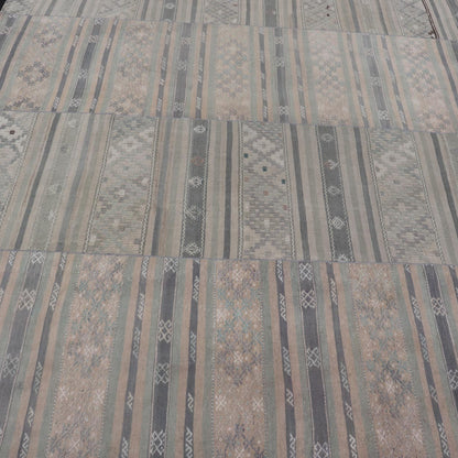 Paneled Vintage Turkish Stripe Kilim in Gray Blue, Green, and Earthy Tones. Keivan Woven Arts - Rug EN - 14496, country of origin / type: Turkey / Kilim, circa 1950 Measures: 9'8 x 11'5 Woven during the mid - 20th century in Turkey, this Kilim is dec... - Keivan Woven ArtsEN - 14496 - 23762Rug