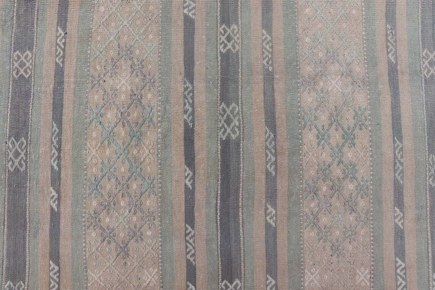 Paneled Vintage Turkish Stripe Kilim in Gray Blue, Green, and Earthy Tones. Keivan Woven Arts - Rug EN - 14496, country of origin / type: Turkey / Kilim, circa 1950 Measures: 9'8 x 11'5 Woven during the mid - 20th century in Turkey, this Kilim is dec... - Keivan Woven ArtsEN - 14496 - 23762Rug