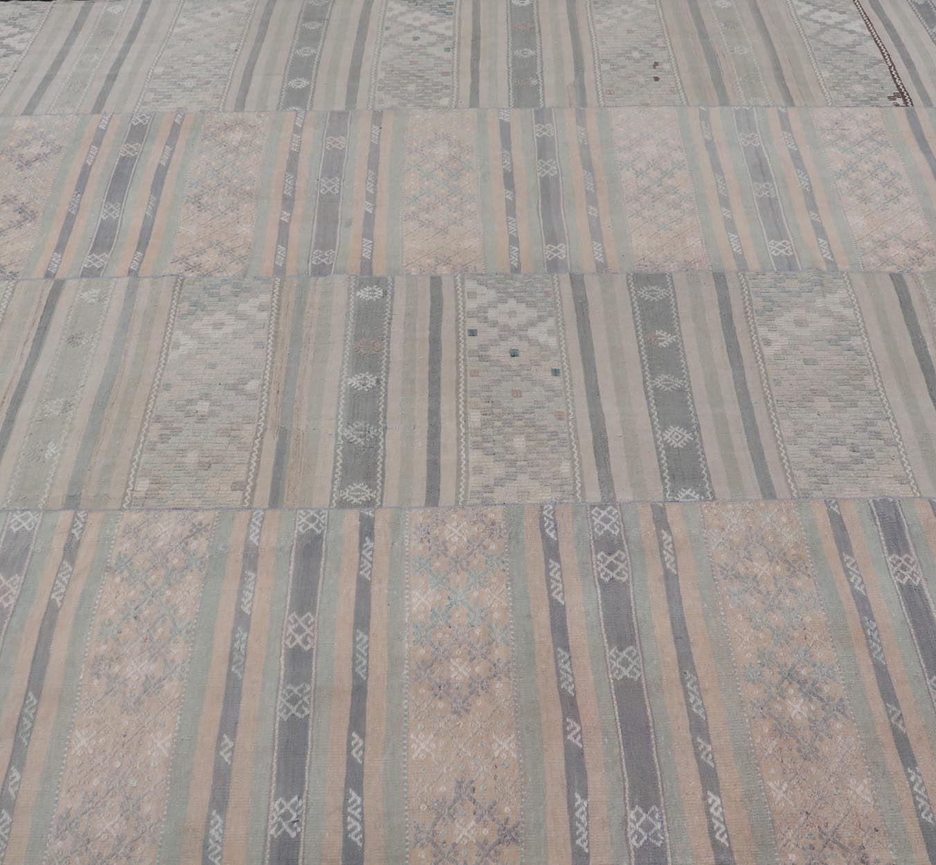 Paneled Vintage Turkish Stripe Kilim in Gray Blue, Green, and Earthy Tones. Keivan Woven Arts - Rug EN - 14496, country of origin / type: Turkey / Kilim, circa 1950 Measures: 9'8 x 11'5 Woven during the mid - 20th century in Turkey, this Kilim is dec... - Keivan Woven ArtsEN - 14496 - 23762Rug