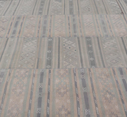 Paneled Vintage Turkish Stripe Kilim in Gray Blue, Green, and Earthy Tones. Keivan Woven Arts - Rug EN - 14496, country of origin / type: Turkey / Kilim, circa 1950 Measures: 9'8 x 11'5 Woven during the mid - 20th century in Turkey, this Kilim is dec... - Keivan Woven ArtsEN - 14496 - 23762Rug