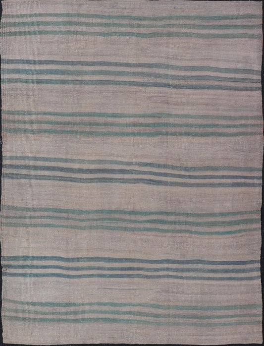 Vintage Turkish Kilim Rug with Soft Green and Blue Stripes - Keivan Woven ArtsEN - 14498Rug