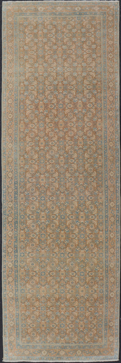 Measures: 3'4 x 11'0 Vintage Persian Tabriz Runner with All - Over Floral Design in Tan and Blue. Keivan Woven Arts / rug EN - 14502, country of origin/ type: Iran / Tabriz, circa 1950 This Persian runner with a sophisticated, all - over design fe... - Keivan Woven ArtsEN - 14502 - 23042Rug