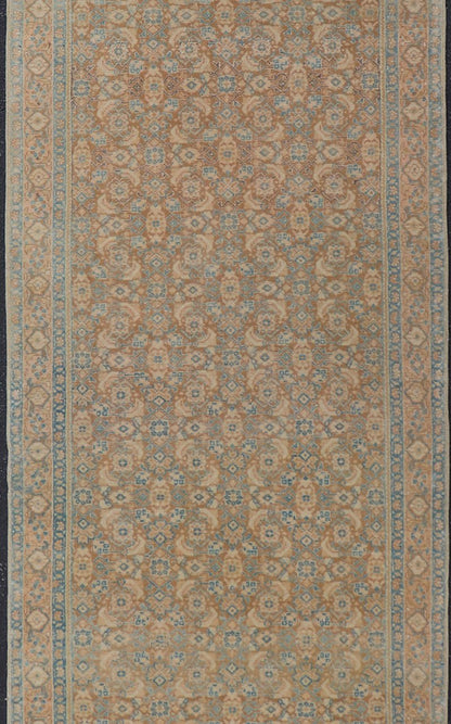 Measures: 3'4 x 11'0 Vintage Persian Tabriz Runner with All - Over Floral Design in Tan and Blue. Keivan Woven Arts / rug EN - 14502, country of origin/ type: Iran / Tabriz, circa 1950 This Persian runner with a sophisticated, all - over design fe... - Keivan Woven ArtsEN - 14502 - 23042Rug