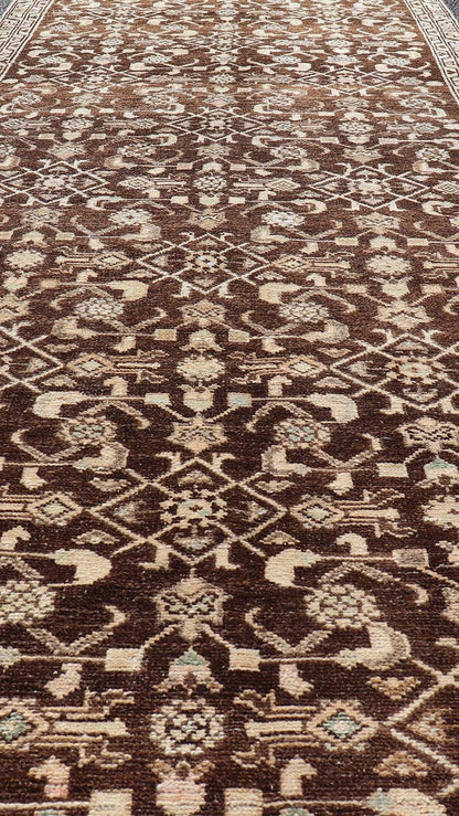Measures: 3'3 x 9'11 Vintage Persian Mahal Runner with All - Over Herati Design. Keivan Woven Arts / rug EN - 14504, country of origin / type: Iran / Mahal, circa 1940 This Persian vintage mahal runner from mid - 20th century features a arrangemen... - Keivan Woven ArtsEN - 14504 - 18679Rug