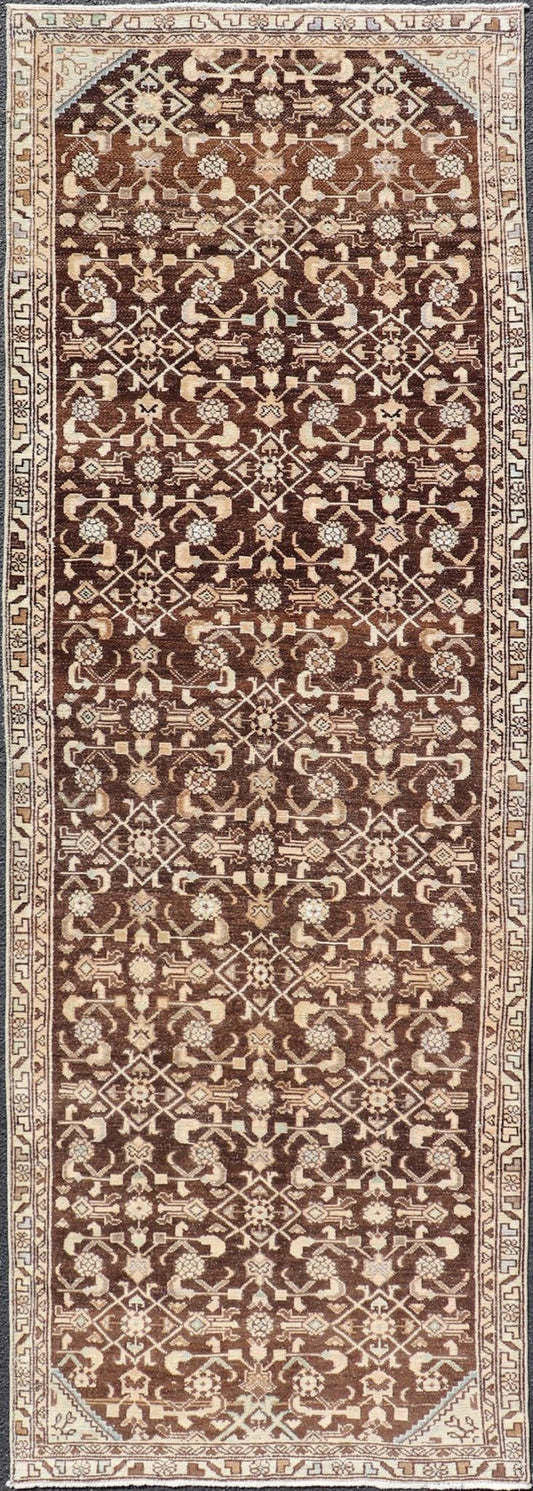 Measures: 3'3 x 9'11 Vintage Persian Mahal Runner with All - Over Herati Design. Keivan Woven Arts / rug EN - 14504, country of origin / type: Iran / Mahal, circa 1940 This Persian vintage mahal runner from mid - 20th century features a arrangemen... - Keivan Woven ArtsEN - 14504 - 18679