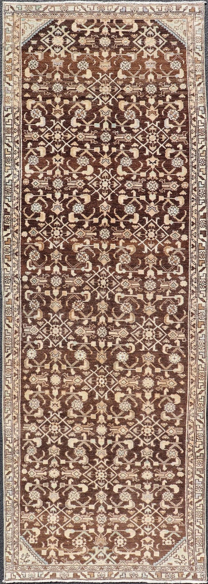 Measures: 3'3 x 9'11 Vintage Persian Mahal Runner with All - Over Herati Design. Keivan Woven Arts / rug EN - 14504, country of origin / type: Iran / Mahal, circa 1940 This Persian vintage mahal runner from mid - 20th century features a arrangemen... - Keivan Woven ArtsEN - 14504 - 18679Rug