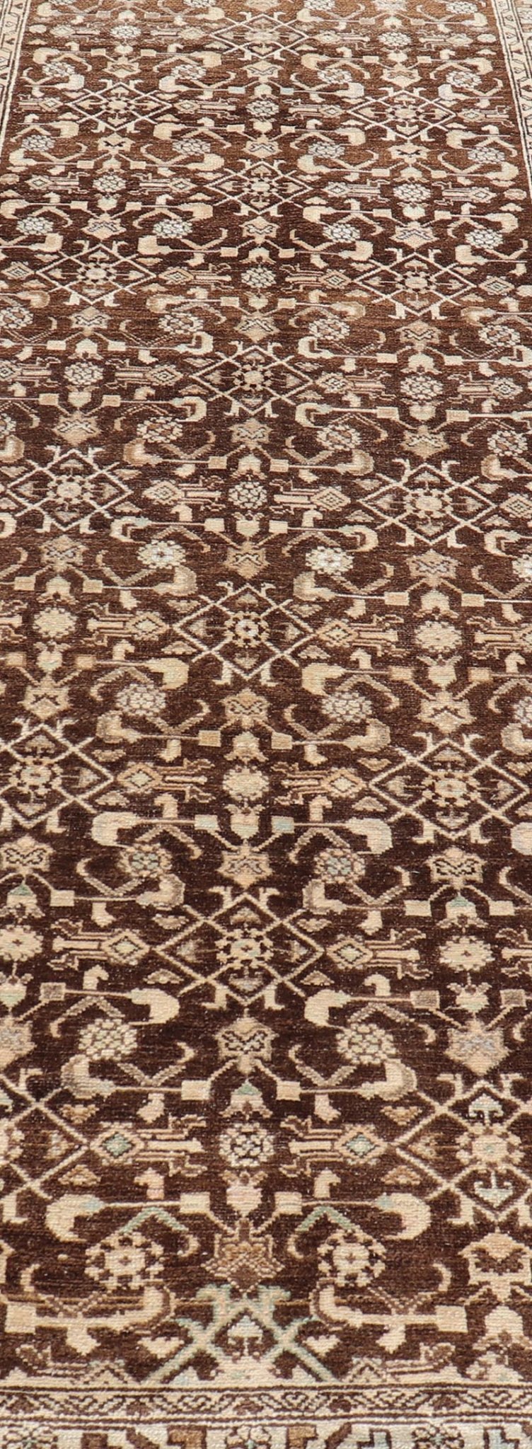 Measures: 3'3 x 9'11 Vintage Persian Mahal Runner with All - Over Herati Design. Keivan Woven Arts / rug EN - 14504, country of origin / type: Iran / Mahal, circa 1940 This Persian vintage mahal runner from mid - 20th century features a arrangemen... - Keivan Woven ArtsEN - 14504 - 18679Rug