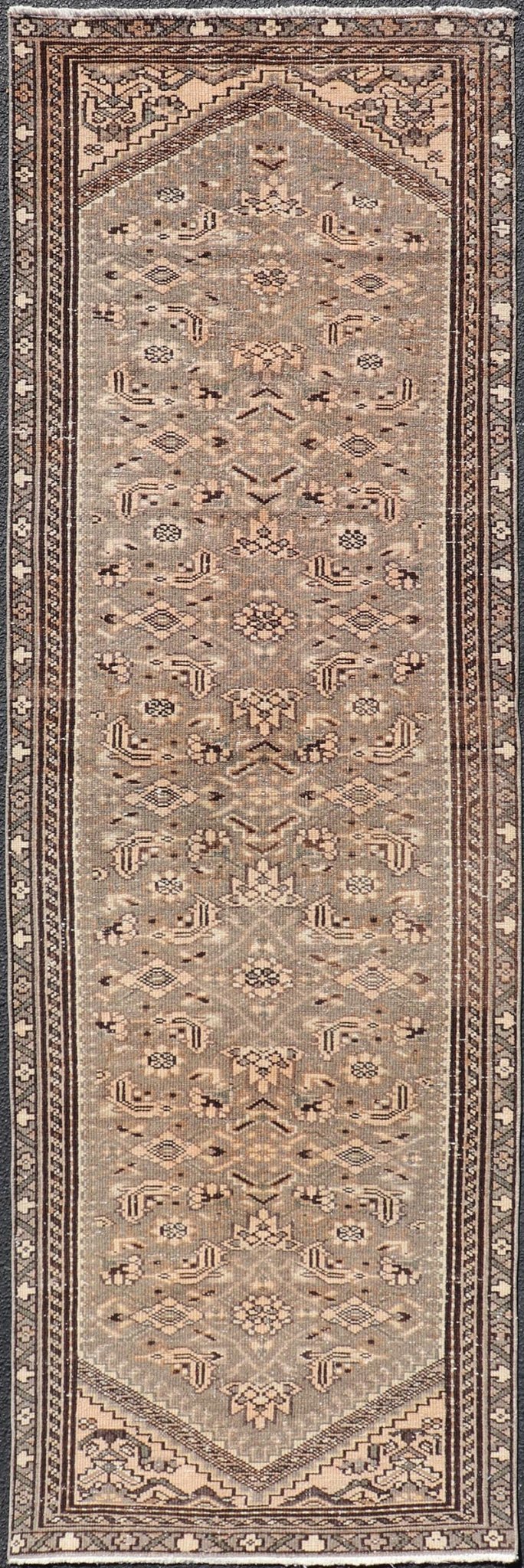 Measures: 2'11 x 9'4 Vintage Persian Hamadan Runner in Warm Tones of Grey, Brown and Taupe. Country of Origin: Iran; Type: Hamedan; Design: Floral, Persian Floral, All - Over; Keivan Woven Arts: rug EN - 14506. This vintage Persian runner featur... - Keivan Woven ArtsEN - 14506 - 18686Rug