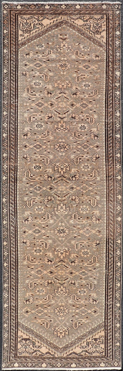 Measures: 2'11 x 9'4 Vintage Persian Hamadan Runner in Warm Tones of Grey, Brown and Taupe. Country of Origin: Iran; Type: Hamedan; Design: Floral, Persian Floral, All - Over; Keivan Woven Arts: rug EN - 14506. This vintage Persian runner featur... - Keivan Woven ArtsEN - 14506 - 18686Rug