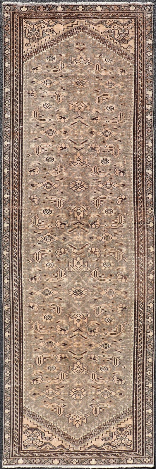 Measures: 2'11 x 9'4 Vintage Persian Hamadan Runner in Warm Tones of Grey, Brown and Taupe. Country of Origin: Iran; Type: Hamedan; Design: Floral, Persian Floral, All - Over; Keivan Woven Arts: rug EN - 14506. This vintage Persian runner featur... - Keivan Woven ArtsEN - 14506 - 18686