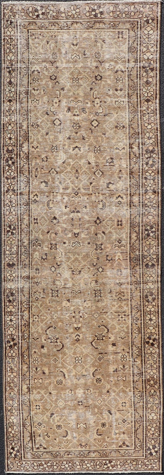 Measures: 3'0 x 9'2 Persian Hamadan Runner in Warm Tones of Tan, Taupe, Brown, and L. Brown. Country of Origin: Iran; Type: Hamedan; Design: Floral, Persian Floral, All - Over; Keivan Woven Arts: rug EN - 14507. This vintage Persian runner feat... - Keivan Woven ArtsEN - 14507 - 18692