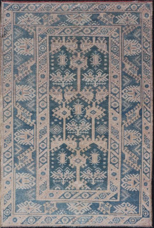 Measures: 3'11 x 6'3 Blue and Cream Turkish Oushak Rug Vintage with All - Over Motif Design. Keivan Woven Arts / rug EN - 14550, country of origin / type: Turkey / Oushak, circa 1940 This vintage Oushak features an all - over floral design. The bl... - Keivan Woven ArtsEN - 14550 - 22788Rug