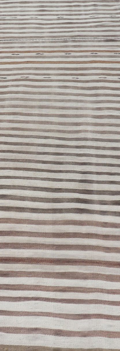 Measures: 3'0 x 11'1 Turkish Long Vintage Natural Kilim with Stripes in Ivory, Taupe and Brown. Keivan Woven Arts / rug EN - 14576, country of origin / type: Turkey / Kilim, circa Mid - 20th Century. This flat - woven Kilim runner from Turkey featu... - Keivan Woven ArtsEN - 14576 - 22794Rug
