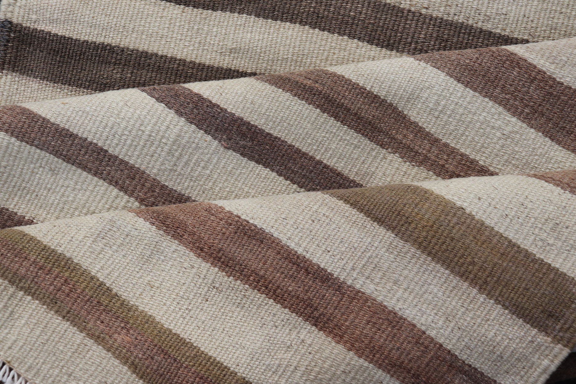 Measures: 3'0 x 11'1 Turkish Long Vintage Natural Kilim with Stripes in Ivory, Taupe and Brown. Keivan Woven Arts / rug EN - 14576, country of origin / type: Turkey / Kilim, circa Mid - 20th Century. This flat - woven Kilim runner from Turkey featu... - Keivan Woven ArtsEN - 14576 - 22794Rug