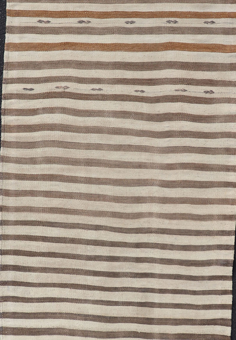 Measures: 3'0 x 11'1 Turkish Long Vintage Natural Kilim with Stripes in Ivory, Taupe and Brown. Keivan Woven Arts / rug EN - 14576, country of origin / type: Turkey / Kilim, circa Mid - 20th Century. This flat - woven Kilim runner from Turkey featu... - Keivan Woven ArtsEN - 14576 - 22794Rug