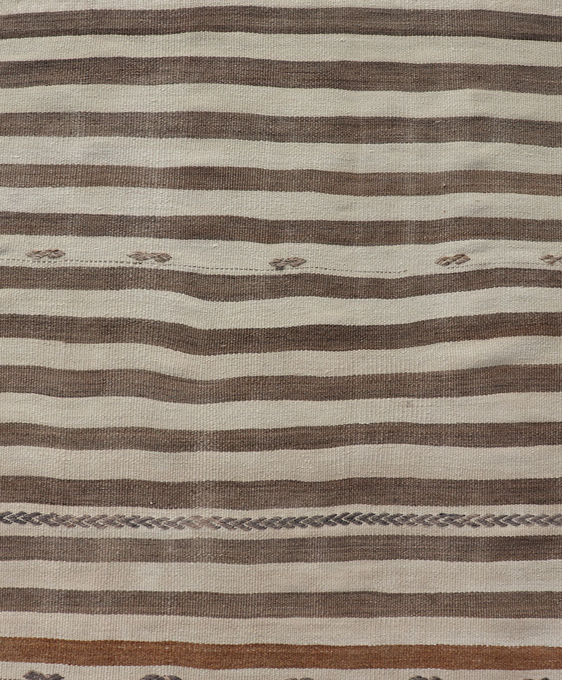 Measures: 3'0 x 11'1 Turkish Long Vintage Natural Kilim with Stripes in Ivory, Taupe and Brown. Keivan Woven Arts / rug EN - 14576, country of origin / type: Turkey / Kilim, circa Mid - 20th Century. This flat - woven Kilim runner from Turkey featu... - Keivan Woven ArtsEN - 14576 - 22794Rug