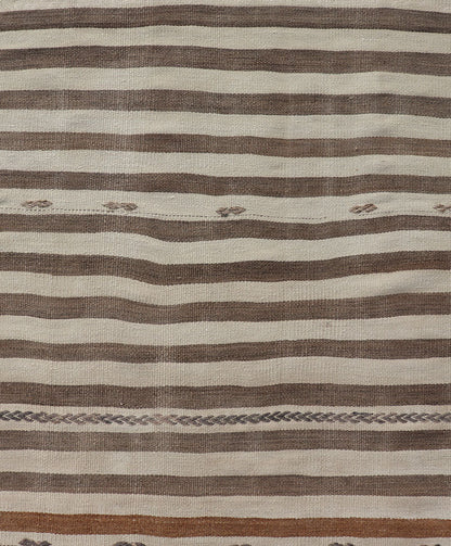 Measures: 3'0 x 11'1 Turkish Long Vintage Natural Kilim with Stripes in Ivory, Taupe and Brown. Keivan Woven Arts / rug EN - 14576, country of origin / type: Turkey / Kilim, circa Mid - 20th Century. This flat - woven Kilim runner from Turkey featu... - Keivan Woven ArtsEN - 14576 - 22794Rug