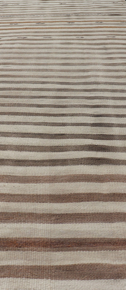 Measures: 3'0 x 11'1 Turkish Long Vintage Natural Kilim with Stripes in Ivory, Taupe and Brown. Keivan Woven Arts / rug EN - 14576, country of origin / type: Turkey / Kilim, circa Mid - 20th Century. This flat - woven Kilim runner from Turkey featu... - Keivan Woven ArtsEN - 14576 - 22794Rug