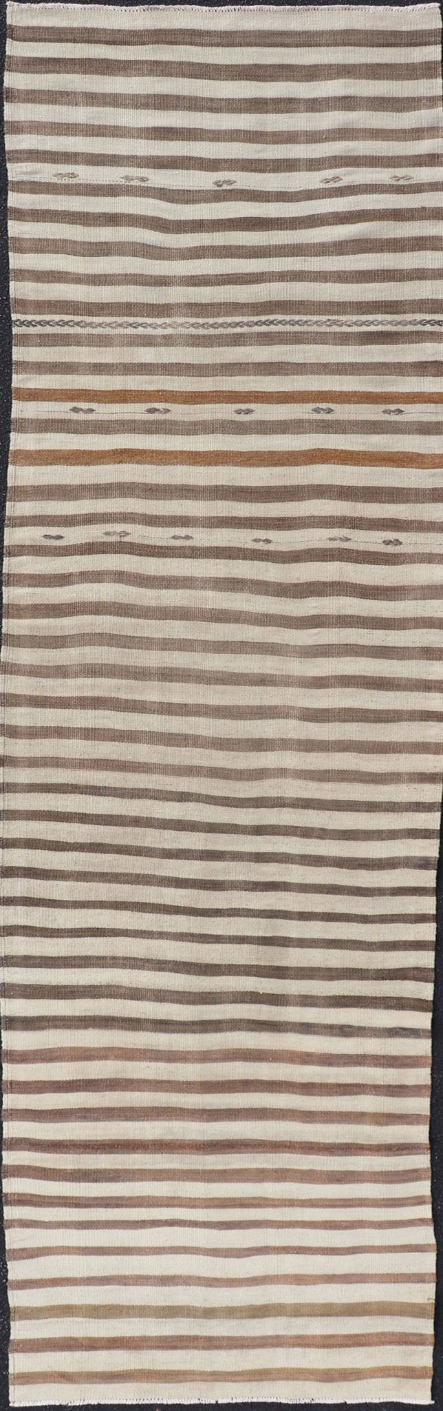 Measures: 3'0 x 11'1 Turkish Long Vintage Natural Kilim with Stripes in Ivory, Taupe and Brown. Keivan Woven Arts / rug EN - 14576, country of origin / type: Turkey / Kilim, circa Mid - 20th Century. This flat - woven Kilim runner from Turkey featu... - Keivan Woven ArtsEN - 14576 - 22794Rug