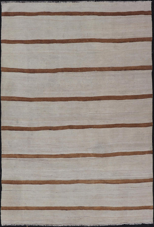Vintage Turkish Flat - Weave Muted Colored Kilim in ivory, Brown and Light Tan. Minimalist design Kilim from Turkey, rug EN - 14585, country of origin / type: Turkey / Kilim, circa 1950 Measures: 4'8 x 7'8 This vintage flat - woven Kilim features ... - Keivan Woven ArtsEN - 14585 - 23965Rug