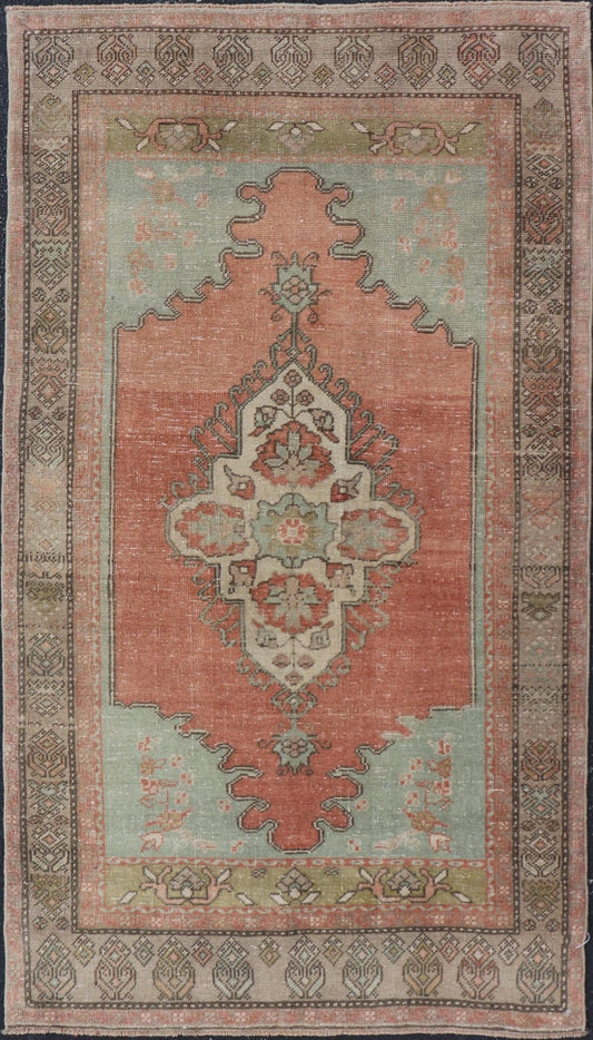 Vintage Turkish Oushak Rug With Medallion in Earthy Color Tones With Coral Color. Keivan Woven Arts / rug EN - 14597, country of origin / type: Turkey / Oushak, circa 1940 Measures: 3'2 x 5'11 This vintage Oushak carpet from Turkey has center m... - Keivan Woven ArtsEN - 14597 - 23768Rug