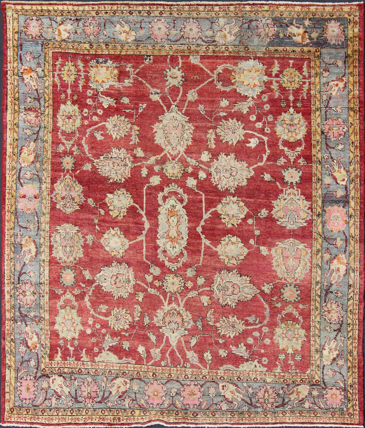 Antique Turkish Oushak rug in red background, gray border, yellow and green. This beautiful and traditional square sized antique oushak presents richly opulent colors and unusual design. Beautiful Turkish early 20th Century craftsmanship and inspiri... - Keivan Woven ArtsEN - 146 - 4359Rug