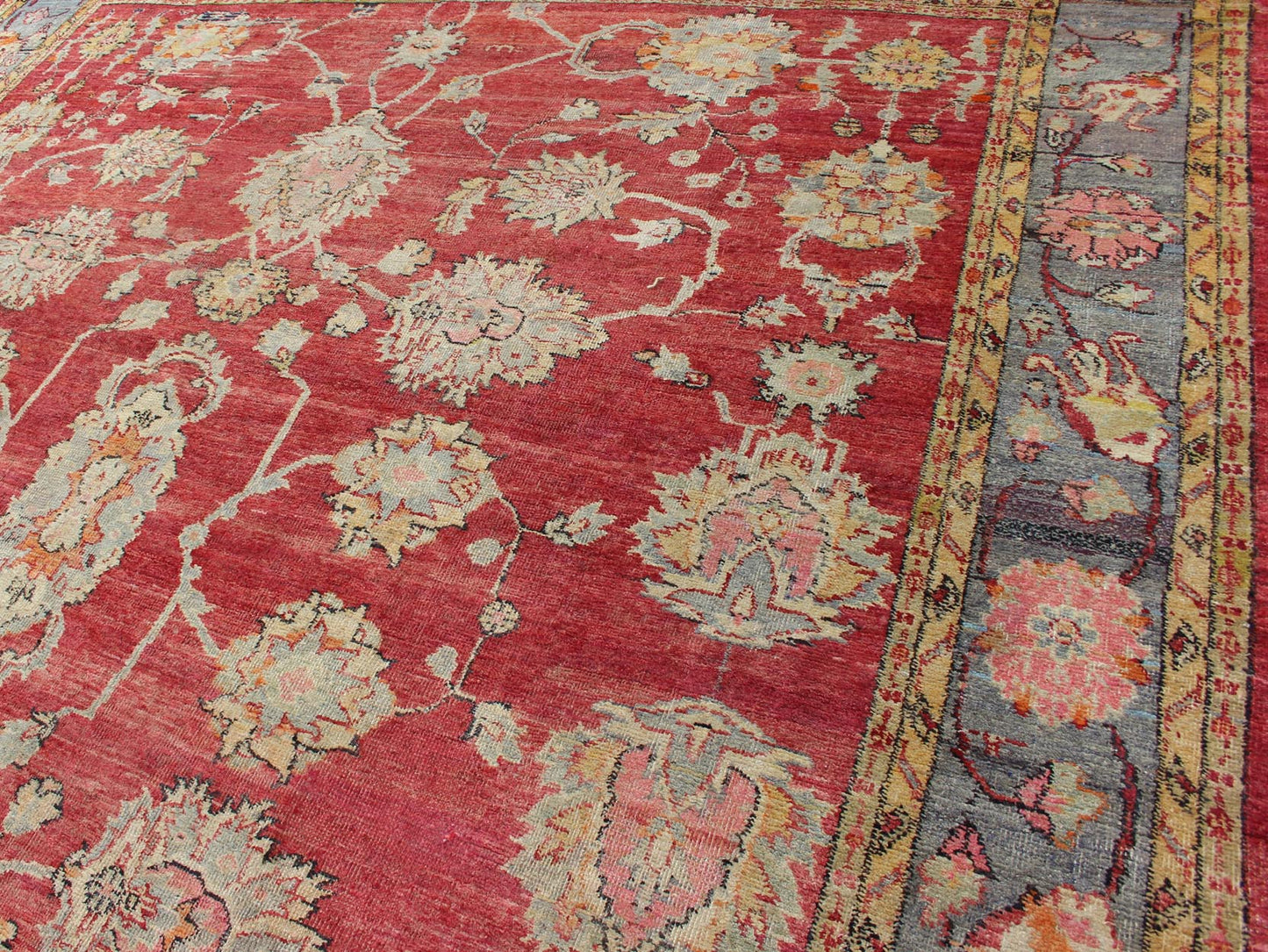 Antique Turkish Oushak rug in red background, gray border, yellow and green. This beautiful and traditional square sized antique oushak presents richly opulent colors and unusual design. Beautiful Turkish early 20th Century craftsmanship and inspiri... - Keivan Woven ArtsEN - 146 - 4359Rug