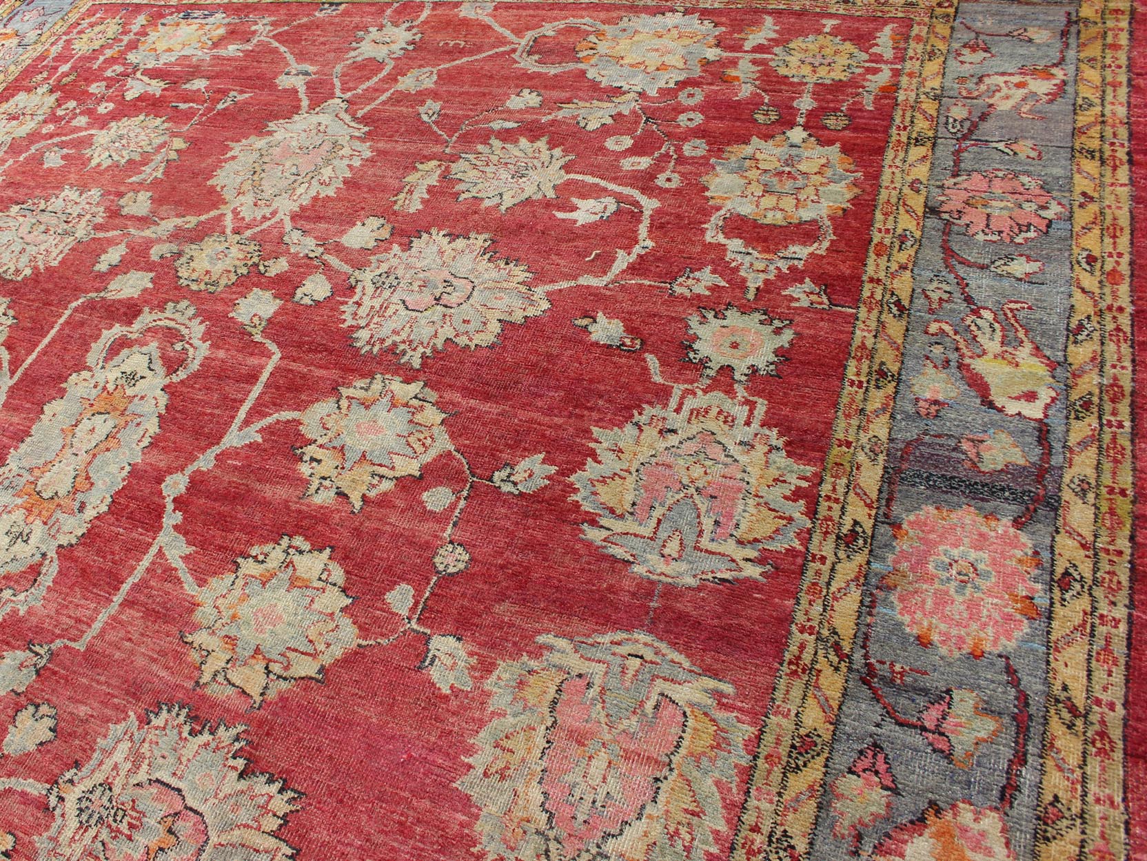 Antique Turkish Oushak rug in red background, gray border, yellow and green. This beautiful and traditional square sized antique oushak presents richly opulent colors and unusual design. Beautiful Turkish early 20th Century craftsmanship and inspiri... - Keivan Woven ArtsEN - 146 - 4359Rug