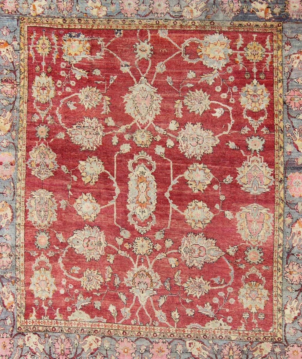 Antique Turkish Oushak rug in red background, gray border, yellow and green. This beautiful and traditional square sized antique oushak presents richly opulent colors and unusual design. Beautiful Turkish early 20th Century craftsmanship and inspiri... - Keivan Woven ArtsEN - 146 - 4359Rug