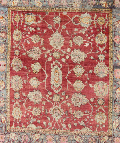 Antique Turkish Oushak rug in red background, gray border, yellow and green. This beautiful and traditional square sized antique oushak presents richly opulent colors and unusual design. Beautiful Turkish early 20th Century craftsmanship and inspiri... - Keivan Woven ArtsEN - 146 - 4359Rug