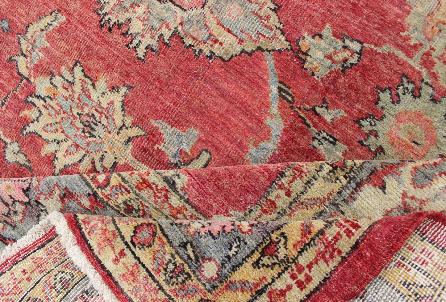 Antique Turkish Oushak rug in red background, gray border, yellow and green. This beautiful and traditional square sized antique oushak presents richly opulent colors and unusual design. Beautiful Turkish early 20th Century craftsmanship and inspiri... - Keivan Woven ArtsEN - 146 - 4359Rug