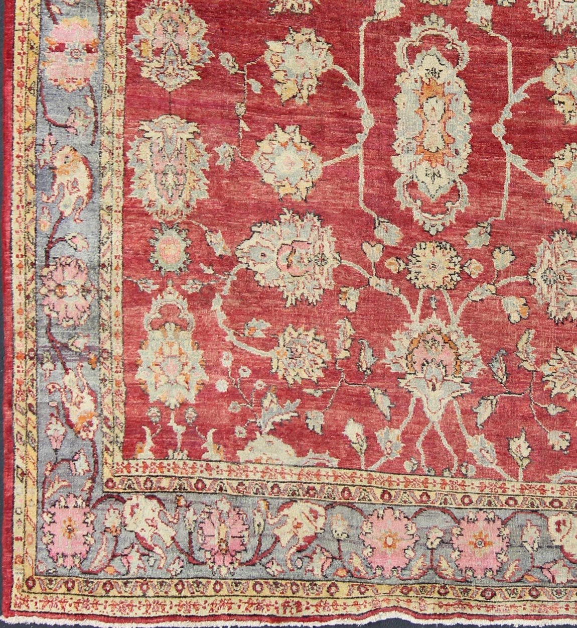 Antique Turkish Oushak rug in red background, gray border, yellow and green. This beautiful and traditional square sized antique oushak presents richly opulent colors and unusual design. Beautiful Turkish early 20th Century craftsmanship and inspiri... - Keivan Woven ArtsEN - 146 - 4359Rug