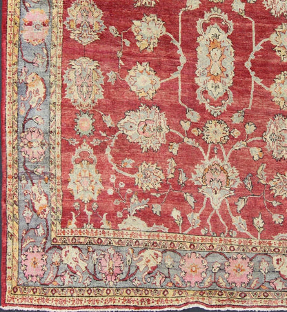 Antique Turkish Oushak rug in red background, gray border, yellow and green. This beautiful and traditional square sized antique oushak presents richly opulent colors and unusual design. Beautiful Turkish early 20th Century craftsmanship and inspiri... - Keivan Woven ArtsEN - 146 - 4359Rug