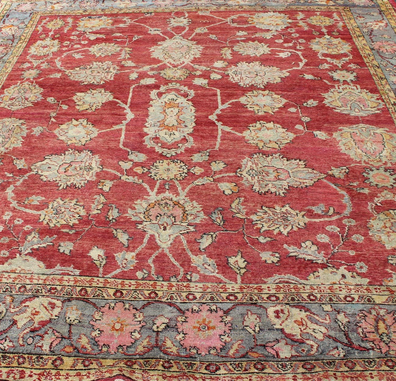 Antique Turkish Oushak rug in red background, gray border, yellow and green. This beautiful and traditional square sized antique oushak presents richly opulent colors and unusual design. Beautiful Turkish early 20th Century craftsmanship and inspiri... - Keivan Woven ArtsEN - 146 - 4359Rug