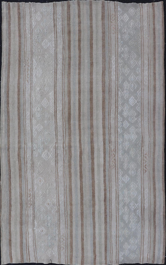 Vintage Turkish Tribal Kilim Rug with Soft Beige and Light Brown Stripes. - Keivan Woven ArtsEN - 14665Rug