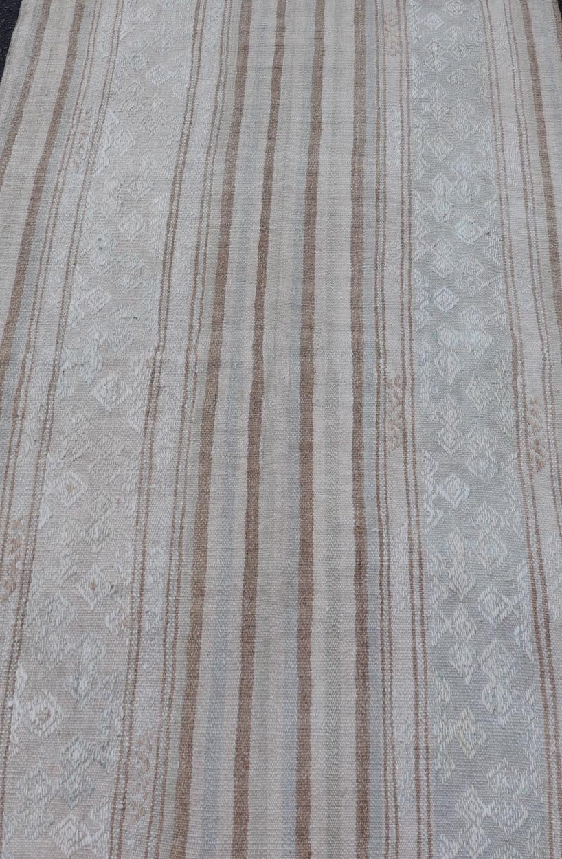 Vintage Turkish Tribal Kilim Rug with Soft Beige and Light Brown Stripes. - Keivan Woven ArtsEN - 14665Rug