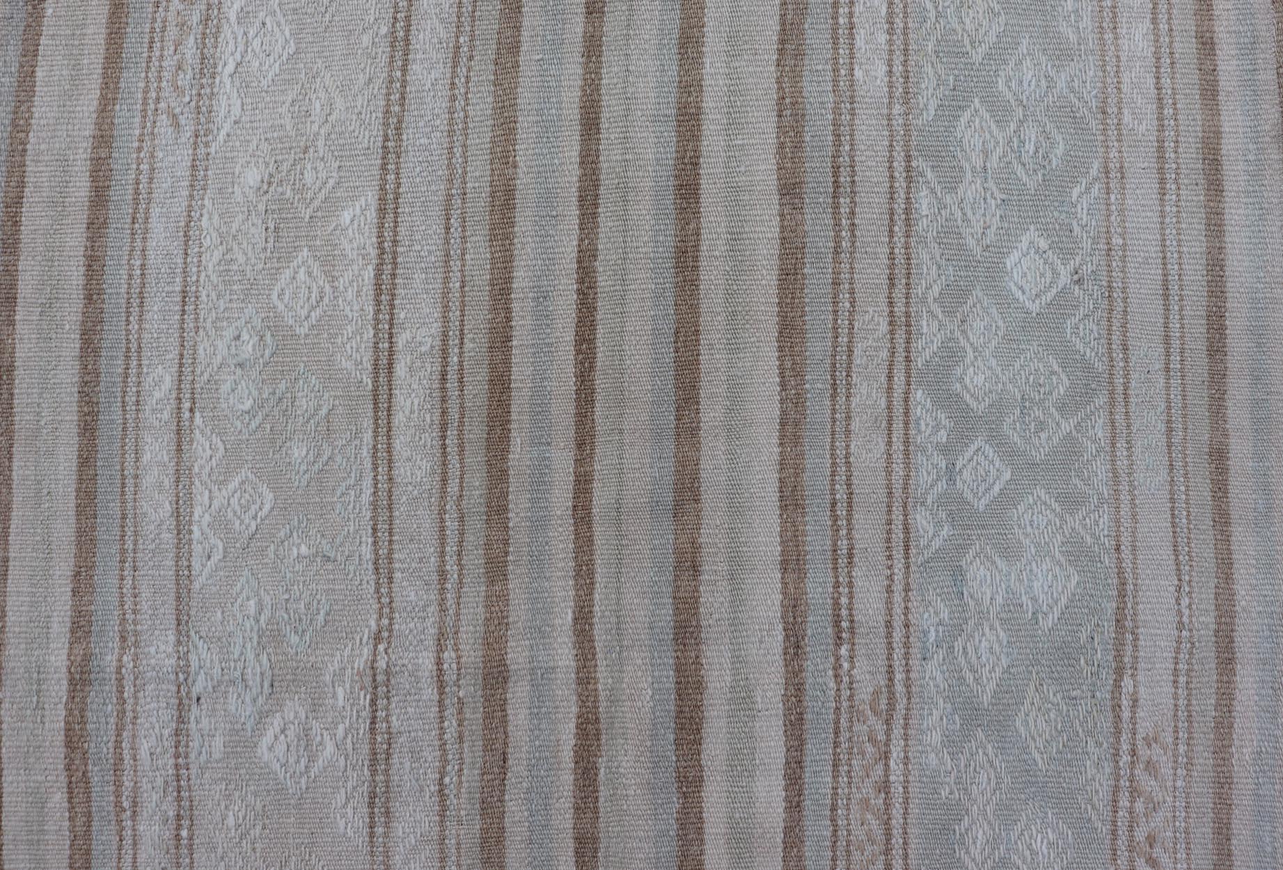 Vintage Turkish Tribal Kilim Rug with Soft Beige and Light Brown Stripes. - Keivan Woven ArtsEN - 14665Rug
