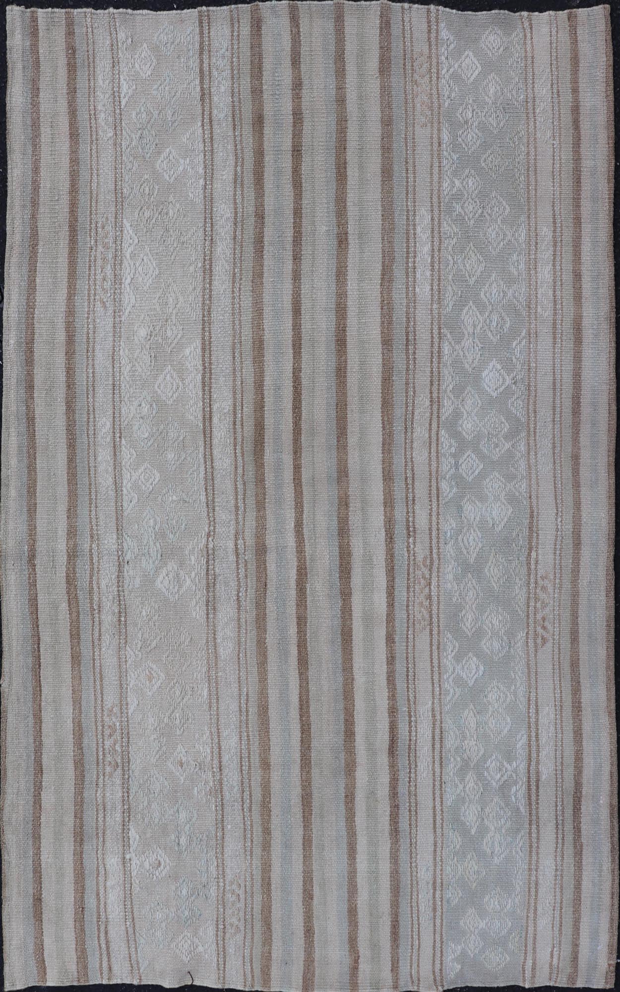 Vintage Turkish Tribal Kilim Rug with Soft Beige and Light Brown Stripes. - Keivan Woven ArtsEN - 14665Rug