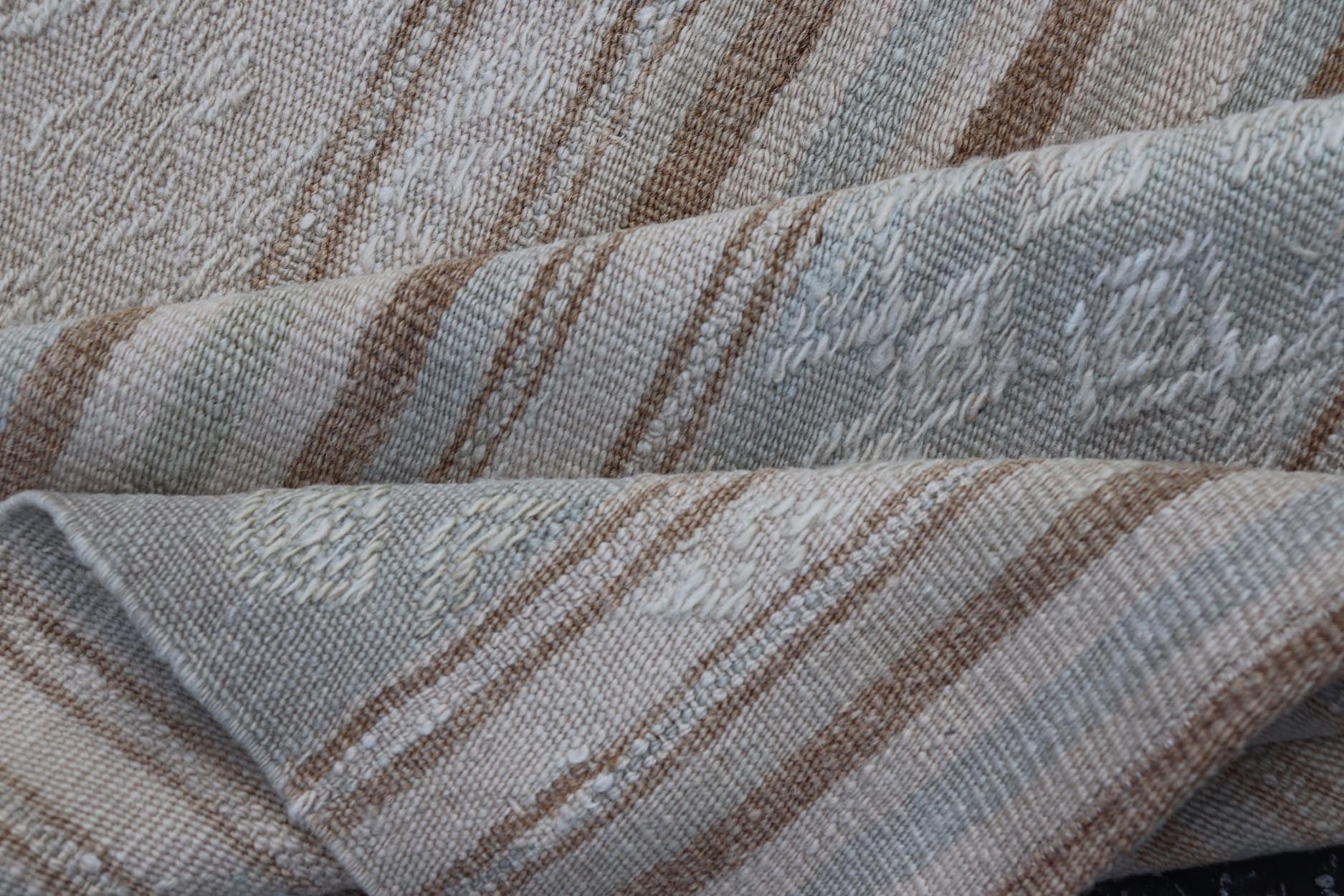Vintage Turkish Tribal Kilim Rug with Soft Beige and Light Brown Stripes. - Keivan Woven ArtsEN - 14665Rug