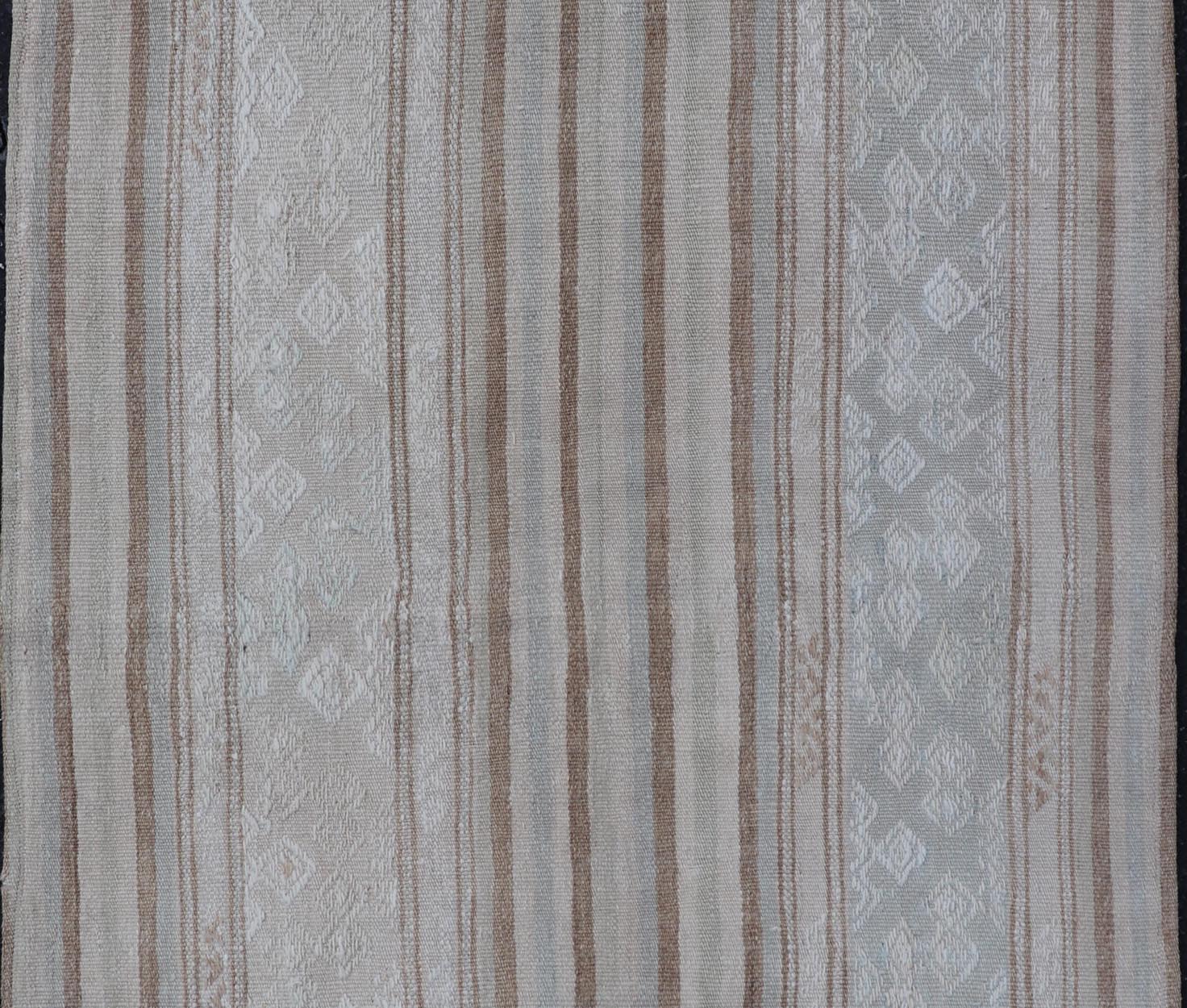 Vintage Turkish Tribal Kilim Rug with Soft Beige and Light Brown Stripes. - Keivan Woven ArtsEN - 14665Rug