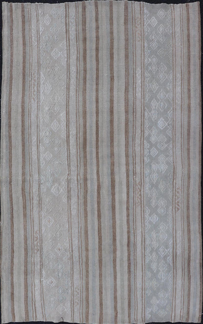 Vintage Turkish Tribal Kilim Rug with Soft Beige and Light Brown Stripes. - Keivan Woven ArtsEN - 14665Rug